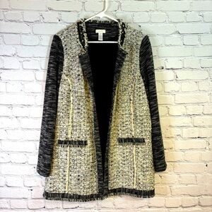 Chico’s Black and Cream Tweed Jacket with Textured Fringe Trim Open Front